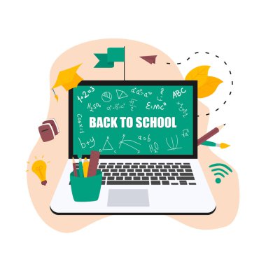 Çevrimiçi eğitimin düz tasarım konsepti. Öğrenciler pandemik koronavizus sırasında uzak mesafeden öğrenirler. Vektör illüstrasyonu