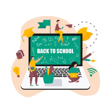 Çevrimiçi eğitimin düz tasarım konsepti. Öğrenciler pandemik koronavizus sırasında uzak mesafeden öğrenirler. Vektör illüstrasyonu