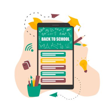 Çevrimiçi eğitimin düz tasarım konsepti. Öğrenciler pandemik koronavizus sırasında uzak mesafeden öğrenirler. Vektör illüstrasyonu