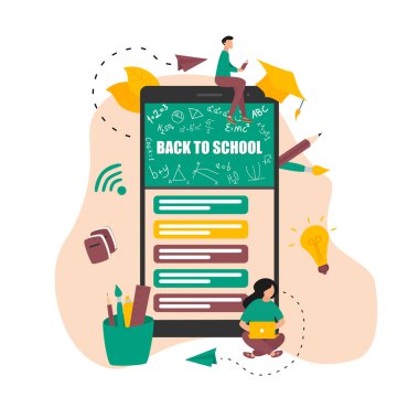 Çevrimiçi eğitimin düz tasarım konsepti. Öğrenciler pandemik koronavizus sırasında uzak mesafeden öğrenirler. Vektör illüstrasyonu