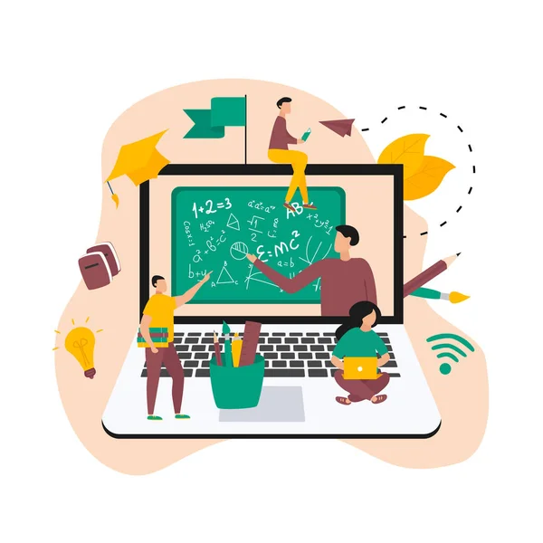 Ilustracja Płaska Koncepcja Projektowania Edukacji Online Uczniowie Uczą Się Oddali — Wektor stockowy