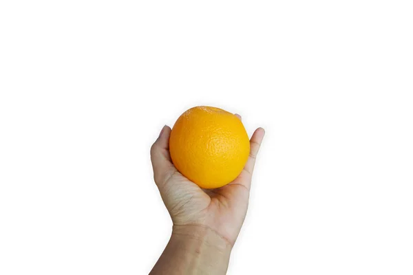 Hand hält Orange auf isoliertem, weißem Hintergrund — Stockfoto