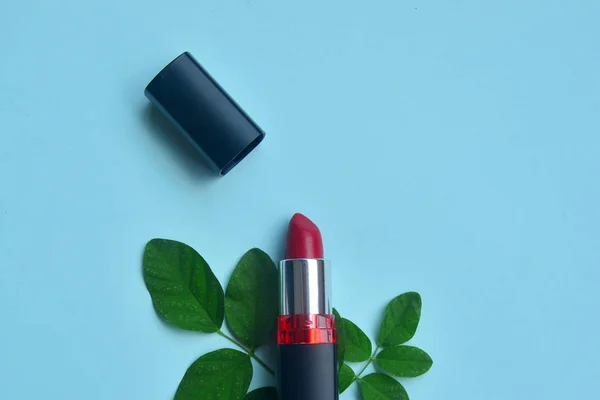 Roter Lippenstift mit grünen Blättern auf pastellfarbenem Hintergrund, mi — Stockfoto