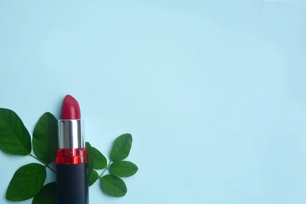 Roter Lippenstift mit grünen Blättern auf pastellfarbenem Hintergrund, mi — Stockfoto