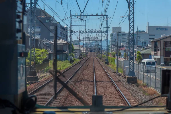 Driver kilátás Kintetsu vasúti vonat vonal ISE-Nakagawa, mie — Stock Fotó