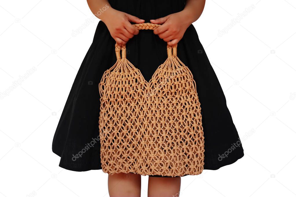 Young woman holding Reusable string shopping eco mesh bag Isolat