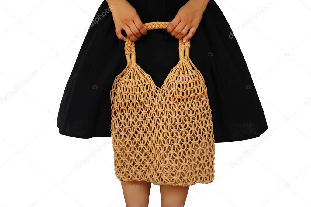 Young woman holding Reusable string shopping eco mesh bag Isolat