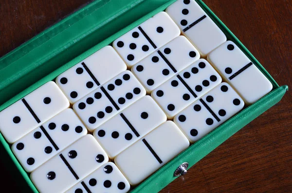 Dominos Oyun Başlamadan Önce Bir Dava Içinde Ayarla Closeup Görüntü — Stok fotoğraf