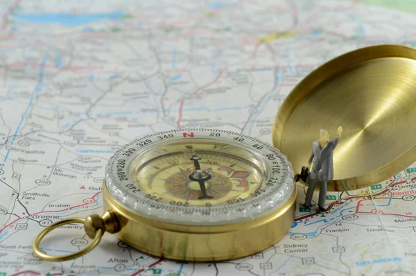 Small Male Figurine Stands Next Compass Map Navigational Concepts — Stock Photo, Image