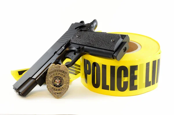 Closeup View Handgun Weapons Badge Some Police Tape Law Enforcement — Stock Photo, Image