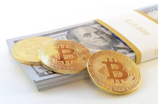 Economical Concept Based Digital Currency Cryptocurrency Bitcoin Some American Cash — Stock Photo, Image