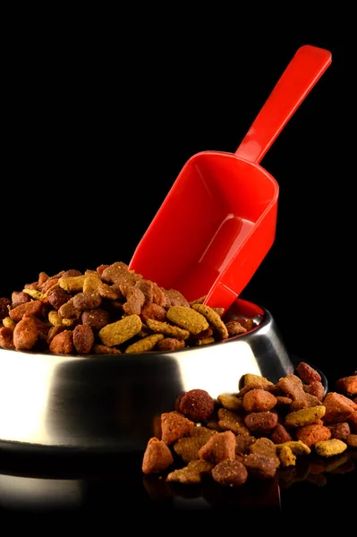 最愛のペットのための食べ物でいっぱいのクロム犬料理を充填赤いスクープの垂直組成物 — ストック写真