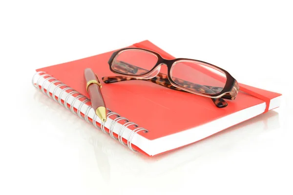 Isolated Shot Red Notebook Pair Eye Glasses White Background — Stock Photo, Image