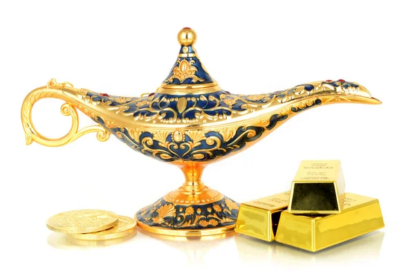 Isolated White Genie Lamp Gold Riches — Stock Photo, Image