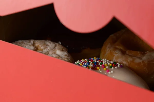 Closeup View Slightly Opened Box Freshly Baked Donuts — Stock Photo, Image