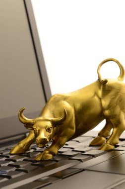 Yüksek piyasa eğilimleriyle ilgili kavramlar için bir pirinç boğa ve dizüstü bilgisayar.
