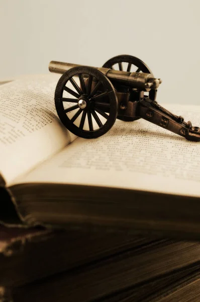 Closeup Old Books War Cannon Historical Literature Themes — Stock Photo, Image