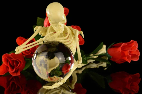 Human Skeleton Looks Crystal Ball Surrounded Roses — Stock Photo, Image