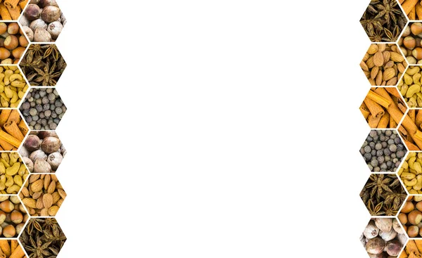 Два Ряда Икон Специй Черный Перец Аниса Палочки Корицы Фундука — стоковое фото