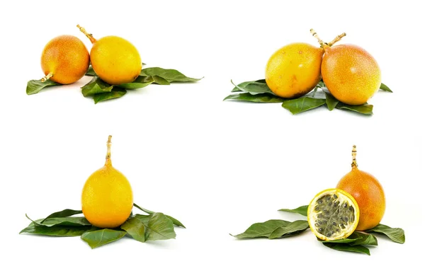 Set Granadilla Par Fruta Hojas Verdes Pieza Mitad Jugoso Ingrediente — Foto de Stock