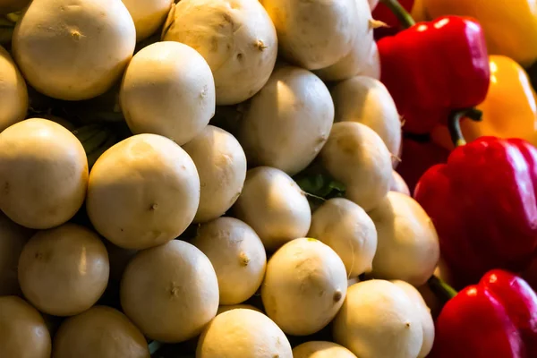 Ensemble Légumes Pile Fruits Ronds Légumes Radis Blanc Rouge Jaune — Photo