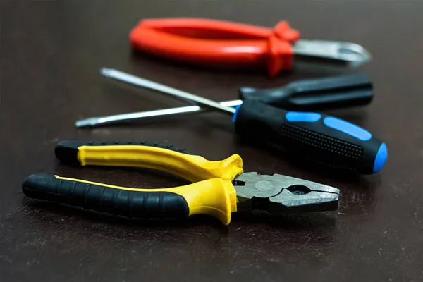 Set Tools Repair Fixing Pliers Screwdriver Focus Foreground Blurred Background — Stock Photo, Image