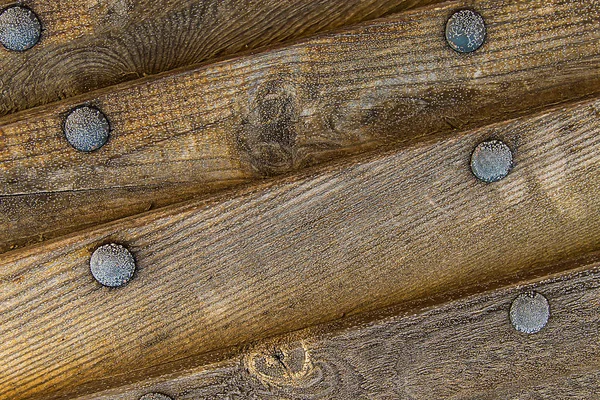 Inclined Old Wood Staves Iron Rivets Texture Snow Covered Part — Stock Photo, Image