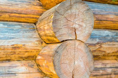 bir ahşap evin geleneksel yapı close-up yıpranmış ahşap arka plan iki paralel dikey günlüğü büyük Bankası