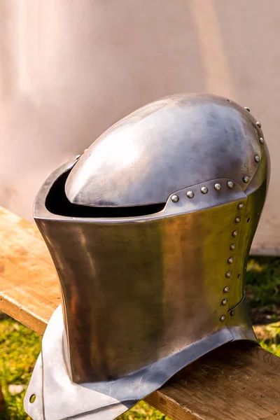 Background Medieval Army Metal Helmet Defense Knight Forged Armor Close — Stock Photo, Image