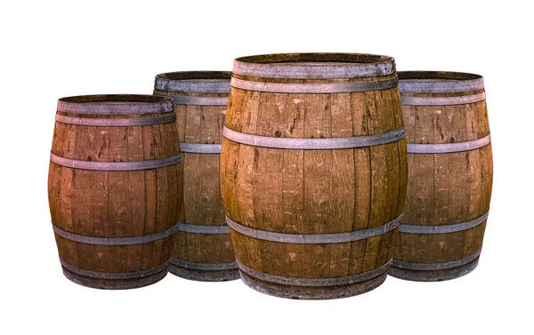Velho barril de carvalho envelhecimento vinhos aromatizante sabor material natural vinificação grupo de grande minúsculo fundo branco — Fotografia de Stock