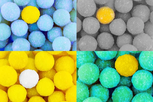 Conjunto amarillo bola caramelo gris tonificado fondo azul piruletas brillante diseño patrón colorido festivo — Foto de Stock