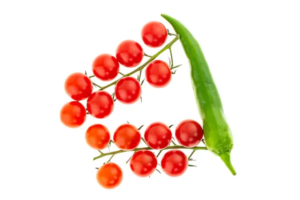 Par de ramos cacho de tomate cereja vermelho com pimenta quente verde menu de design de molho quente — Fotografia de Stock