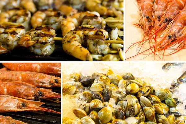 Seafood delicacies. Shrimp skewer kebab grill stripe element sauce base head langoustines bunch venus shell — Stock Photo, Image