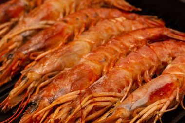 büyük kırmızı karides uzun büyük langoustines tepsi deniz ürünleri incelik satır baş ve kabuk ile bütün