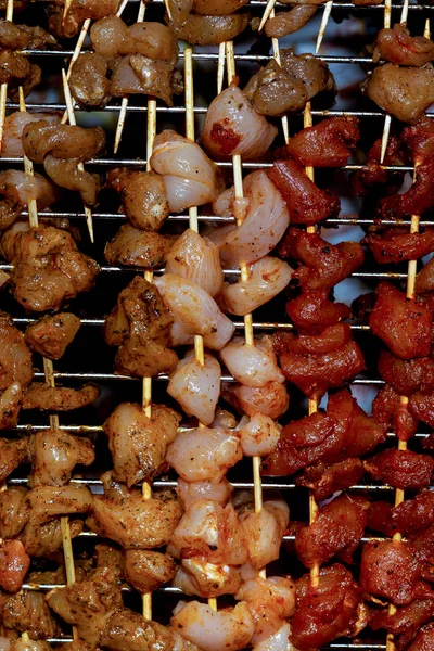 Set tavuk eti domuz şiş kebap dilimleri aromalı kırmızı biber biber köri arka plan mutfak dikey — Stok fotoğraf