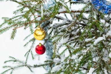 karlı noel ağacı süslenmiş şenlikli kırmızı altın cam topu tasarım kış noel