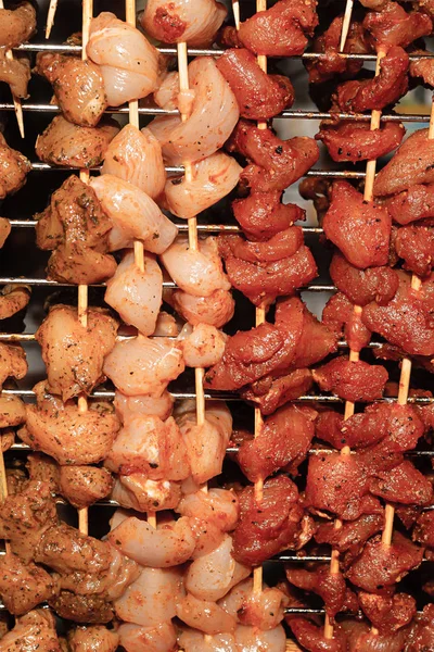 lezzetli barbekü açık rekreasyon ile terbiyeli et dikey set çiğ parça