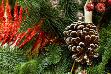 tatil dekor büyük kahverengi yumru kabarık ladin dal kırmızı dekorasyon noel tabanı