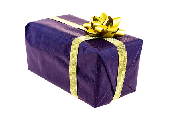 Rectangular giftbox lilac golden bow ribbon gift surprise wedding celebration white background Stock Photo