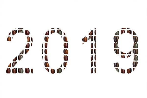 Design basis oak barrel figures two thousand nineteenth inscription winemaking calendar. Symbol of the new year 2019 — Stock Photo, Image