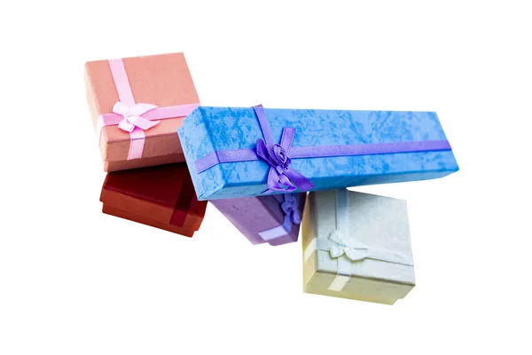Set festivo regalo caja San Valentín día azul caja larga rojo cuadrado fondo blanco — Foto de Stock