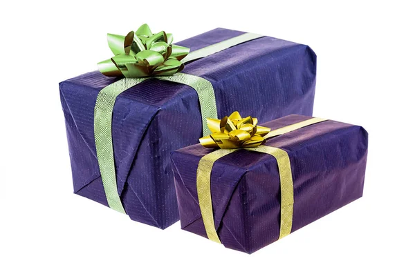 Pair giftbox lilac big small ribbon golden bow close-up holiday birthday Stock Photo