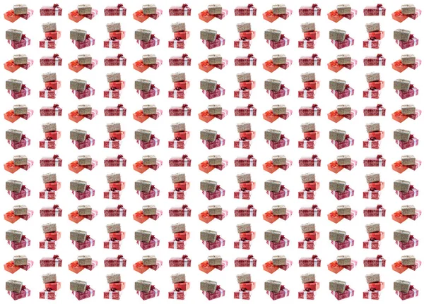 Simge seti desen noel hediye sürpriz kutusu kraft kağıt kırmızı set ürün yelpazesine mini birçok beyaz arka plan — Stok fotoğraf