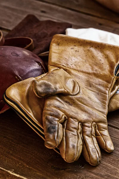 old leather gloves worn traditional close-up hunting protection