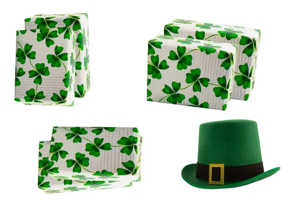 Saint patrick hat green set gift box clover isolated background pattern festive — стоковое фото