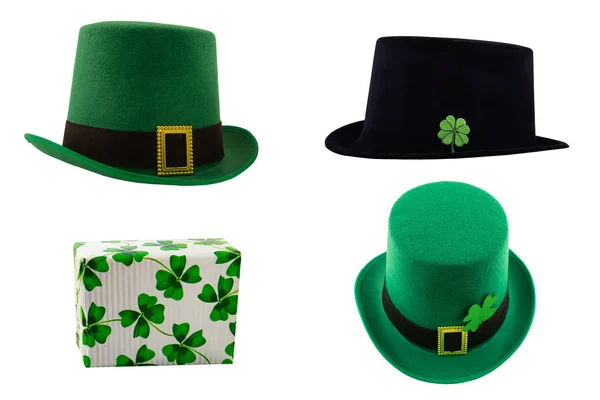 St patricks шляпа зеленый черный котелок клевер подарочная коробка изолированный фон праздничный набор — стоковое фото