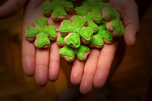 Trèfle pain d'épice symbole cookie st patricks jour gros plan sur les mains se concentrer au centre — Photo