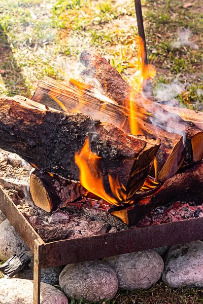 Brasero hoguera en piedras troncos de senderismo tradicionales fuego tierra quemada hierba fondo — Foto de Stock