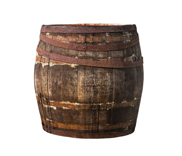 Eichenfass alte rissige rostige Reifen Weinbereitung Extrakt Whiskey isoliert Hintergrund — Stockfoto