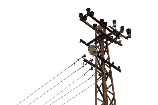 Iron tower with wires electricity transmission with a street lamp on a light background — Stock Photo, Image